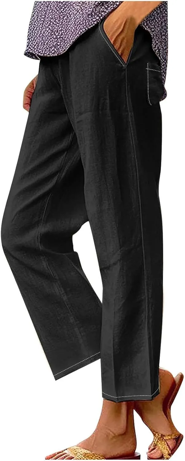 Women's Solid Elastic Waist Linen Trousers All-Match Straight Trnedy Casual Wide Leg Pants Cropped Long Pants