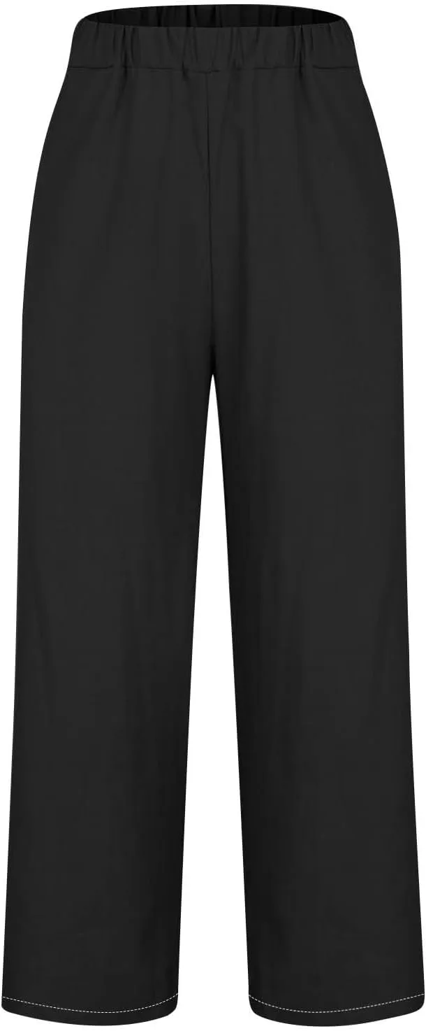 Women's Solid Elastic Waist Linen Trousers All-Match Straight Trnedy Casual Wide Leg Pants Cropped Long Pants