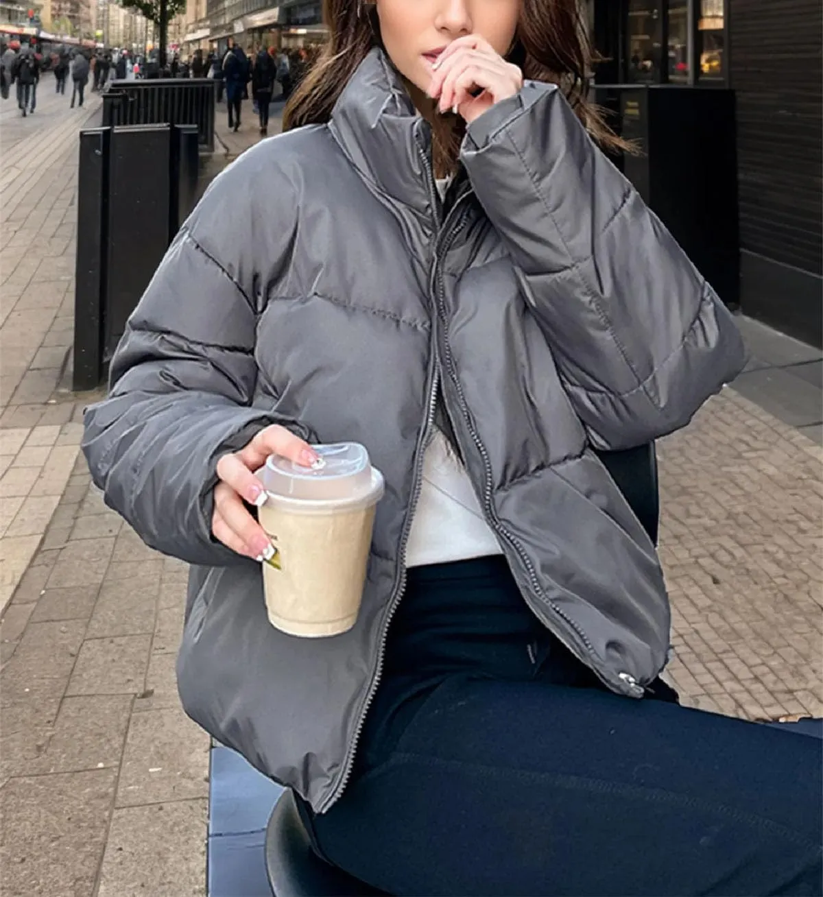 Women's Stand Collar Short Cotton-Padded Jacket Thicken Warm Casual Solid Parka Coat