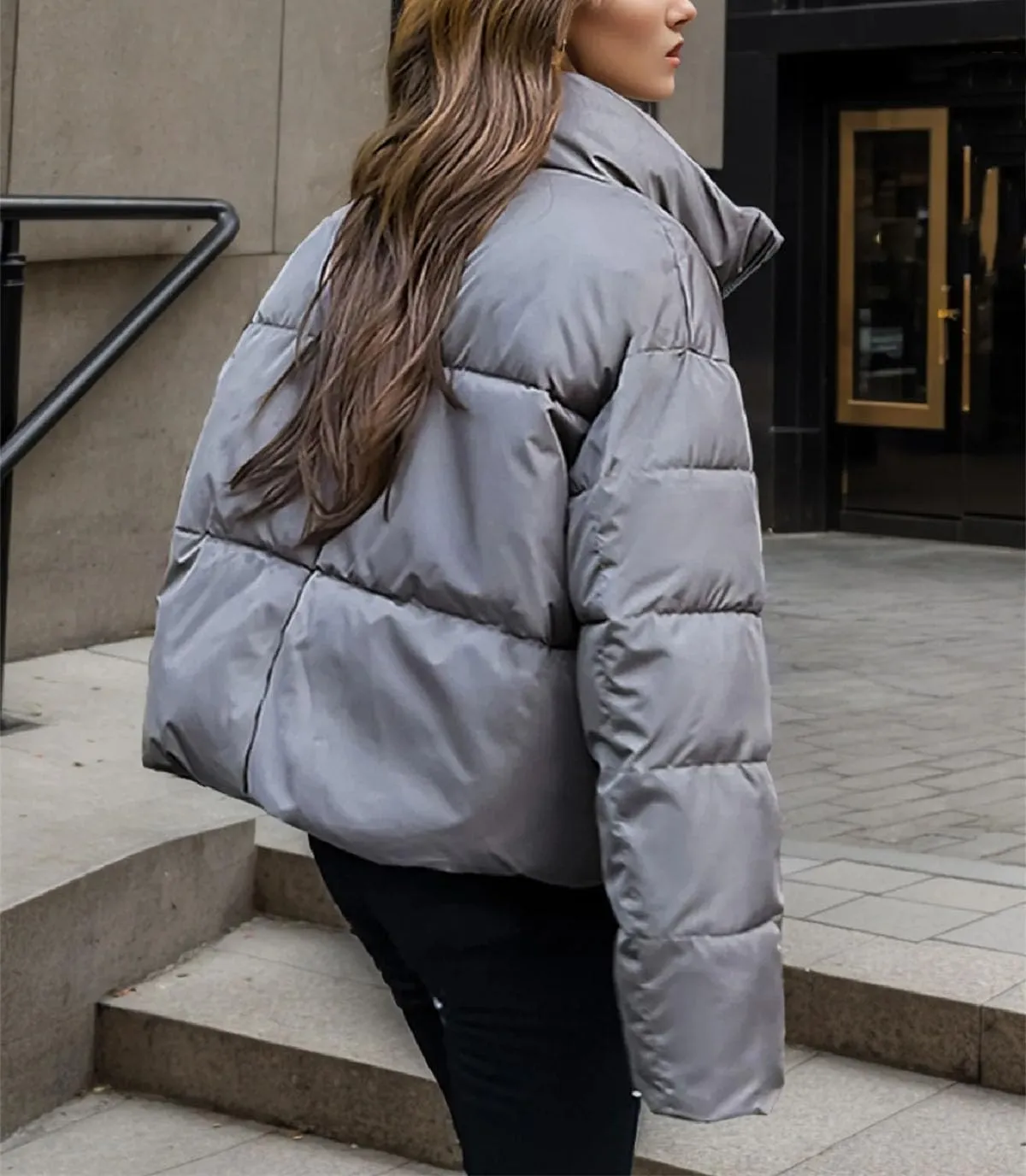 Women's Stand Collar Short Cotton-Padded Jacket Thicken Warm Casual Solid Parka Coat