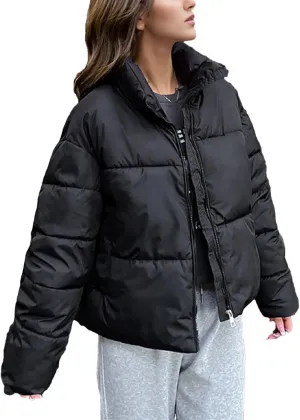 Women's Stand Collar Short Cotton-Padded Jacket Thicken Warm Casual Solid Parka Coat