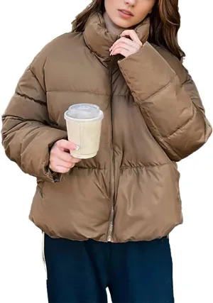 Women's Stand Collar Short Cotton-Padded Jacket Thicken Warm Casual Solid Parka Coat
