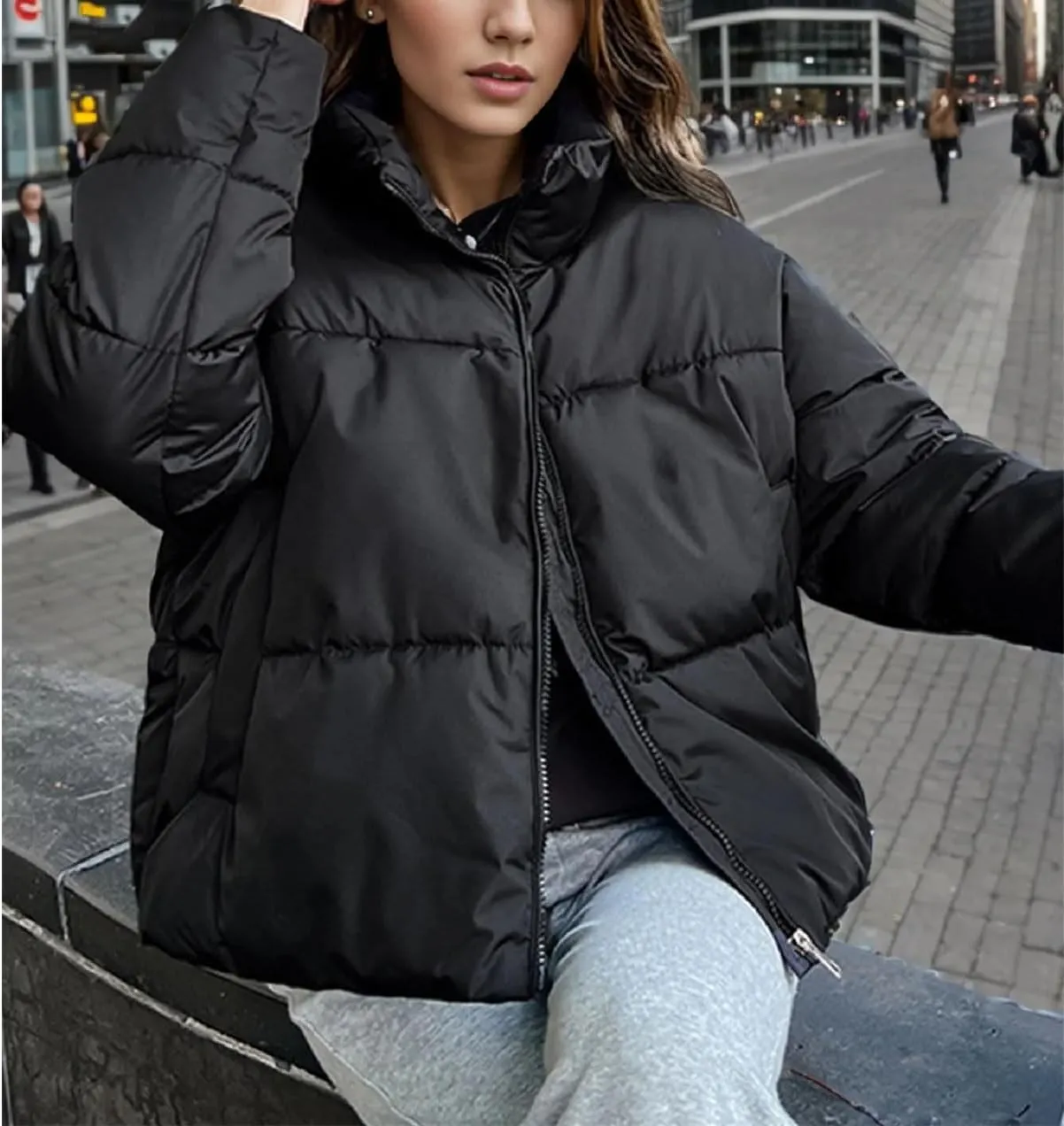 Women's Stand Collar Short Cotton-Padded Jacket Thicken Warm Casual Solid Parka Coat
