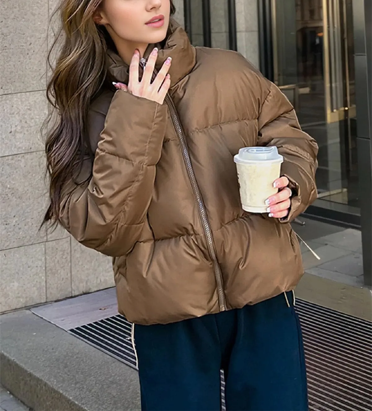 Women's Stand Collar Short Cotton-Padded Jacket Thicken Warm Casual Solid Parka Coat