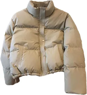 Women's Stand Collar Short Cotton-Padded Jacket Warm Casual Zipper Button Parka Coat