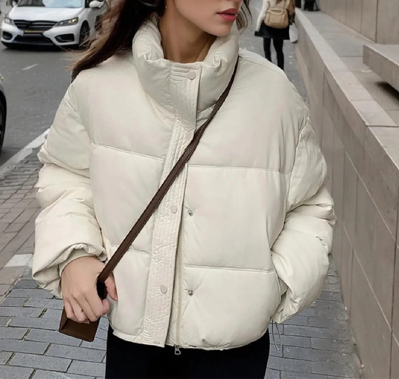 Women's Stand Collar Short Cotton-Padded Jacket Warm Casual Zipper Button Parka Coat