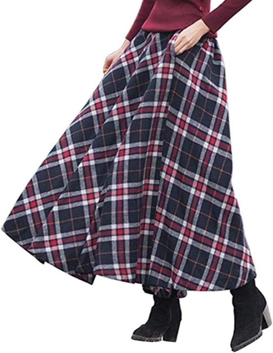 Women's Thick Vintage Plaid Pleated Skirt Autumn Winter Long Skirts