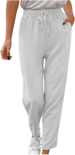 Women's Trendy Casual Solid Color Cotton Linen Trousers with Pocket Elastic High Waisted Strap Home Pants 2025
