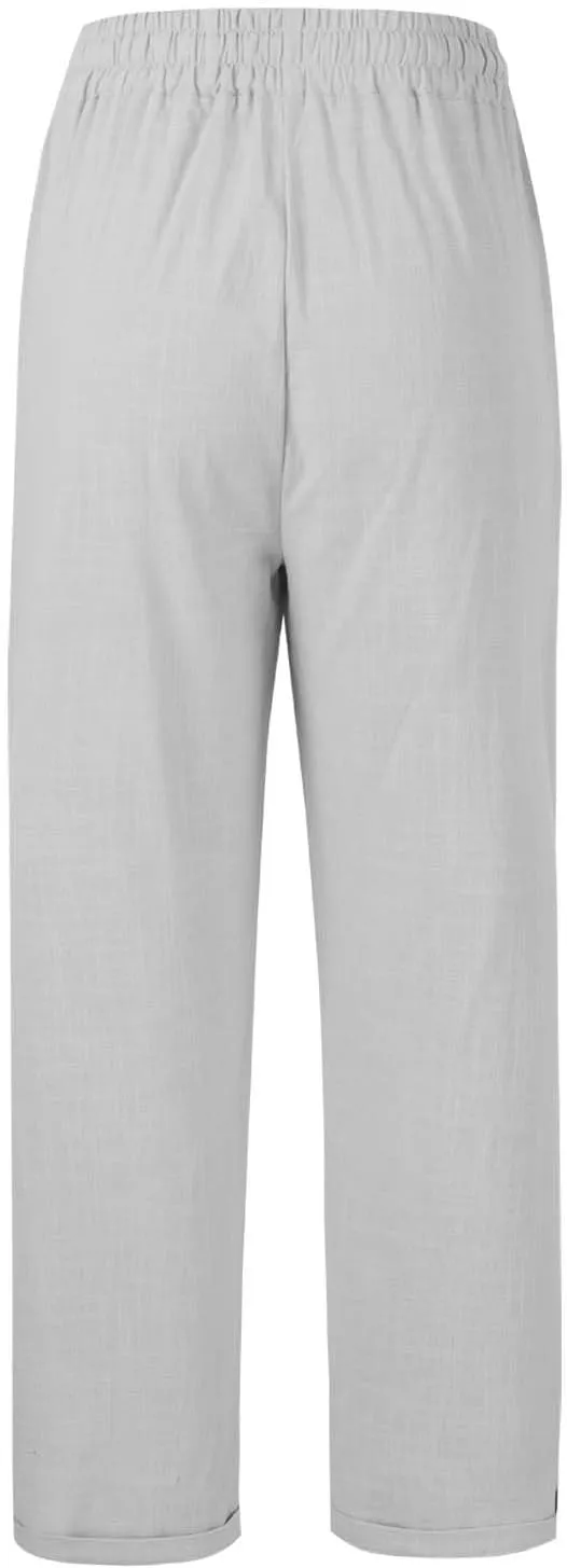 Women's Trendy Casual Solid Color Cotton Linen Trousers with Pocket Elastic High Waisted Strap Home Pants 2025