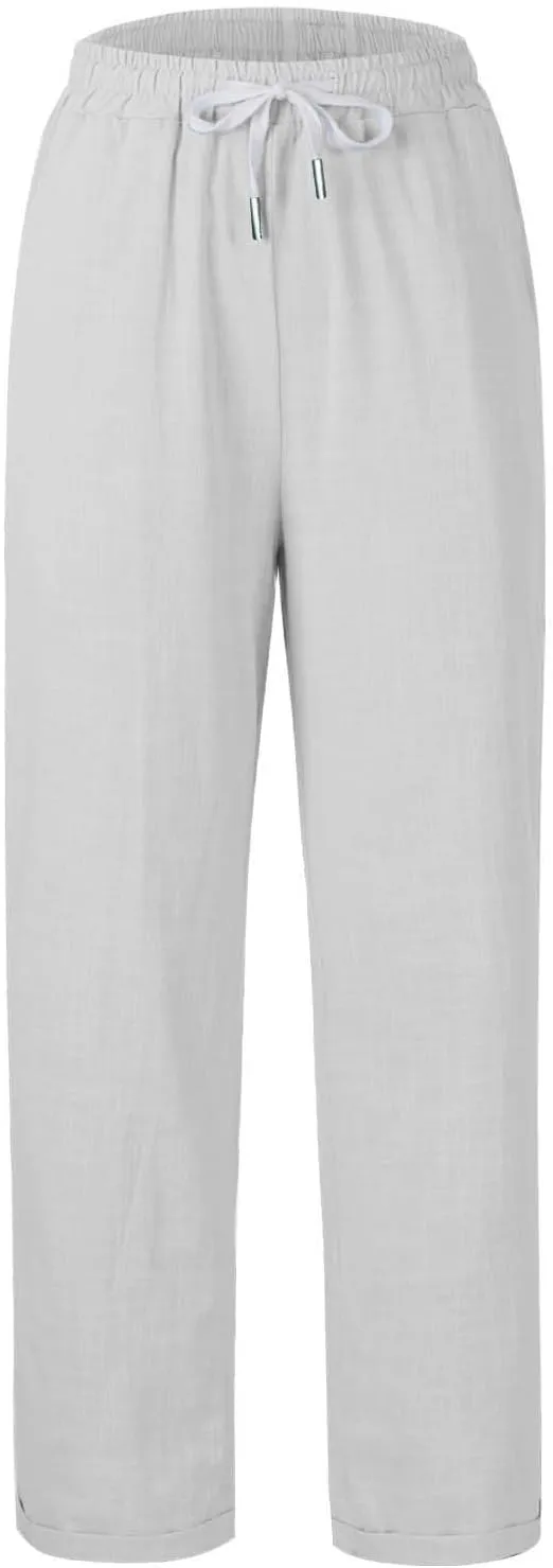 Women's Trendy Casual Solid Color Cotton Linen Trousers with Pocket Elastic High Waisted Strap Home Pants 2025