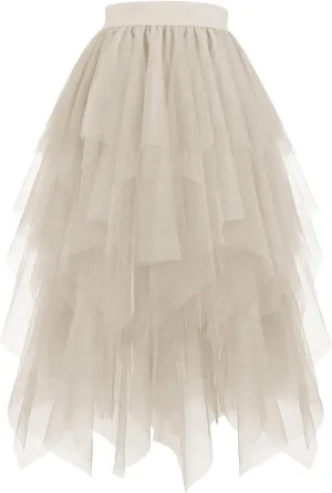 Women's Tulle Skirts High Low Layered Puffy Fairy Skirts High Waist Midi Length Irregular Tutu Skirt