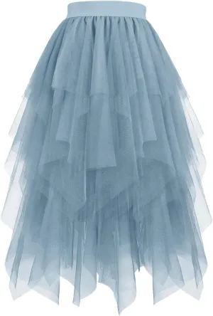 Women's Tulle Skirts High Low Layered Puffy Fairy Skirts High Waist Midi Length Irregular Tutu Skirt
