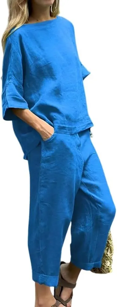 Womens Two Piece Linen Sets 3/4 Sleeve Blouse Top Loose Capri Pants Sets with Pockets Solid Color