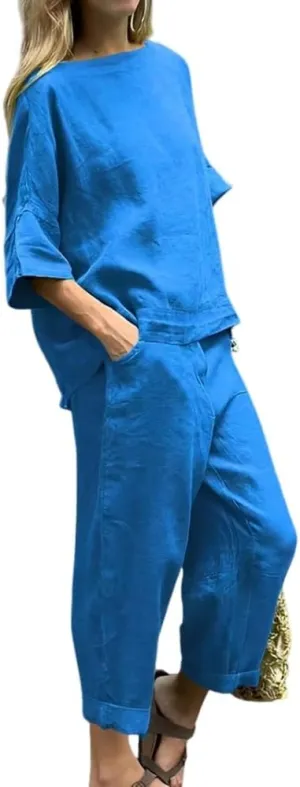 Womens Two Piece Linen Sets 3/4 Sleeve Blouse Top Loose Capri Pants Sets with Pockets Solid Color