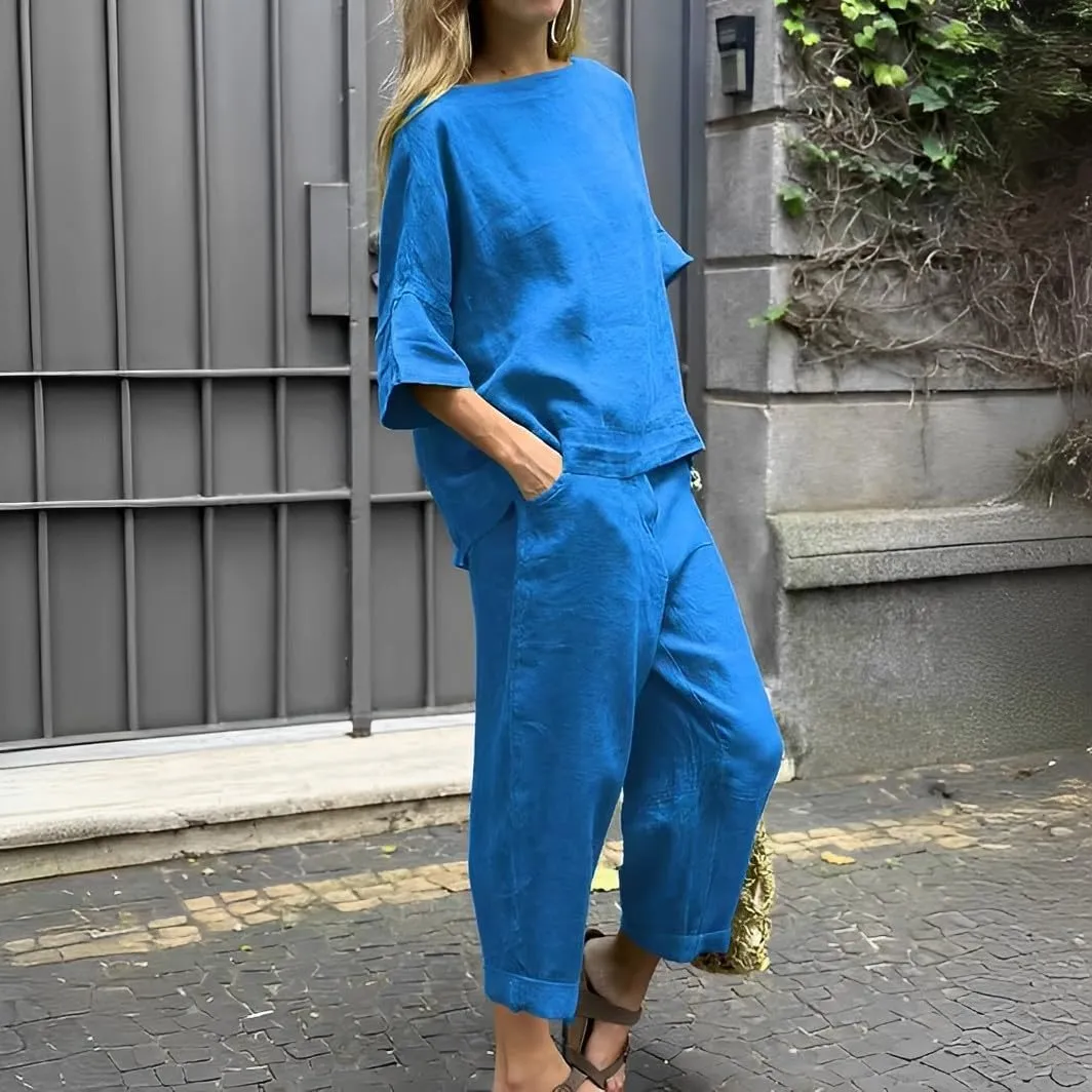 Womens Two Piece Linen Sets 3/4 Sleeve Blouse Top Loose Capri Pants Sets with Pockets Solid Color