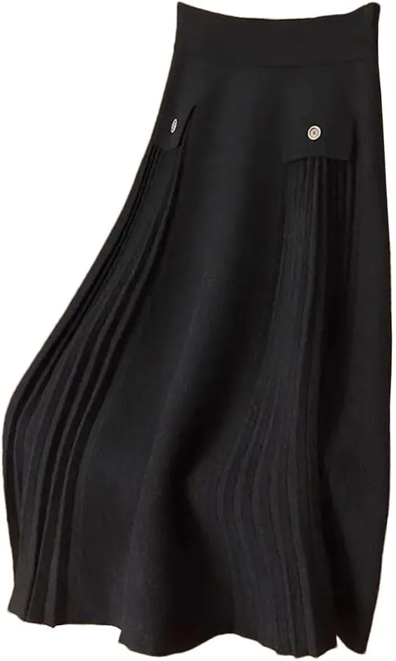 Women's Vintage Elastic High Waist Midi A-Line Pleated Skirts with Pockets Business Office Lady Work Skirts