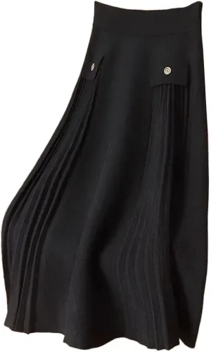 Women's Vintage Elastic High Waist Midi A-Line Pleated Skirts with Pockets Business Office Lady Work Skirts