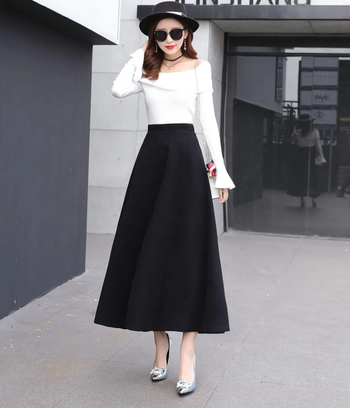 Women's Vintage High Waist Long Skirt A-line Fall/Winter Elegant Solid Wool Midi Skirt