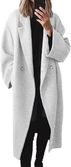 Women's Winter Double Breasted Wool Coat Long Sleeve Notch Lapel Long Trench Coat Women Business Casual Tops