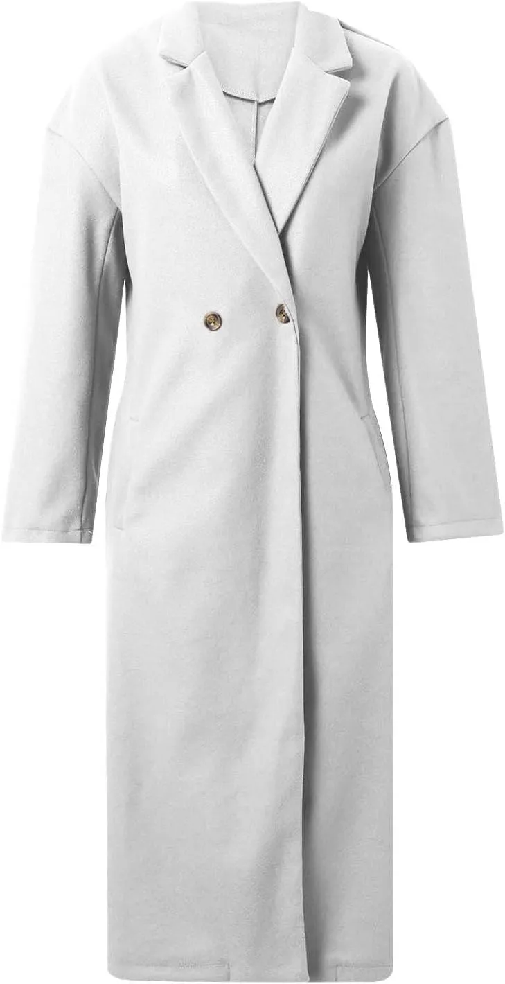 Women's Winter Double Breasted Wool Coat Long Sleeve Notch Lapel Long Trench Coat Women Business Casual Tops