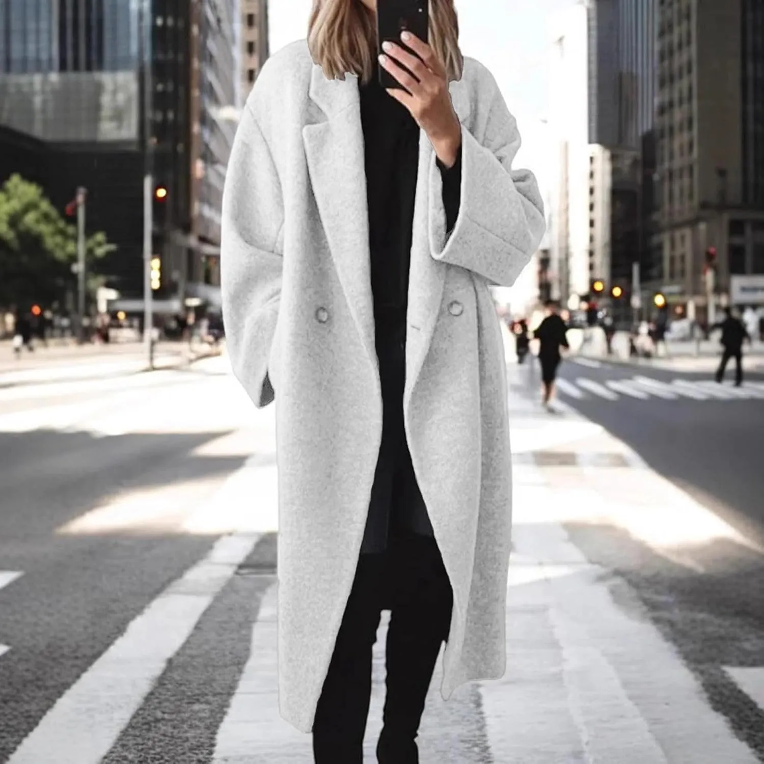 Women's Winter Double Breasted Wool Coat Long Sleeve Notch Lapel Long Trench Coat Women Business Casual Tops