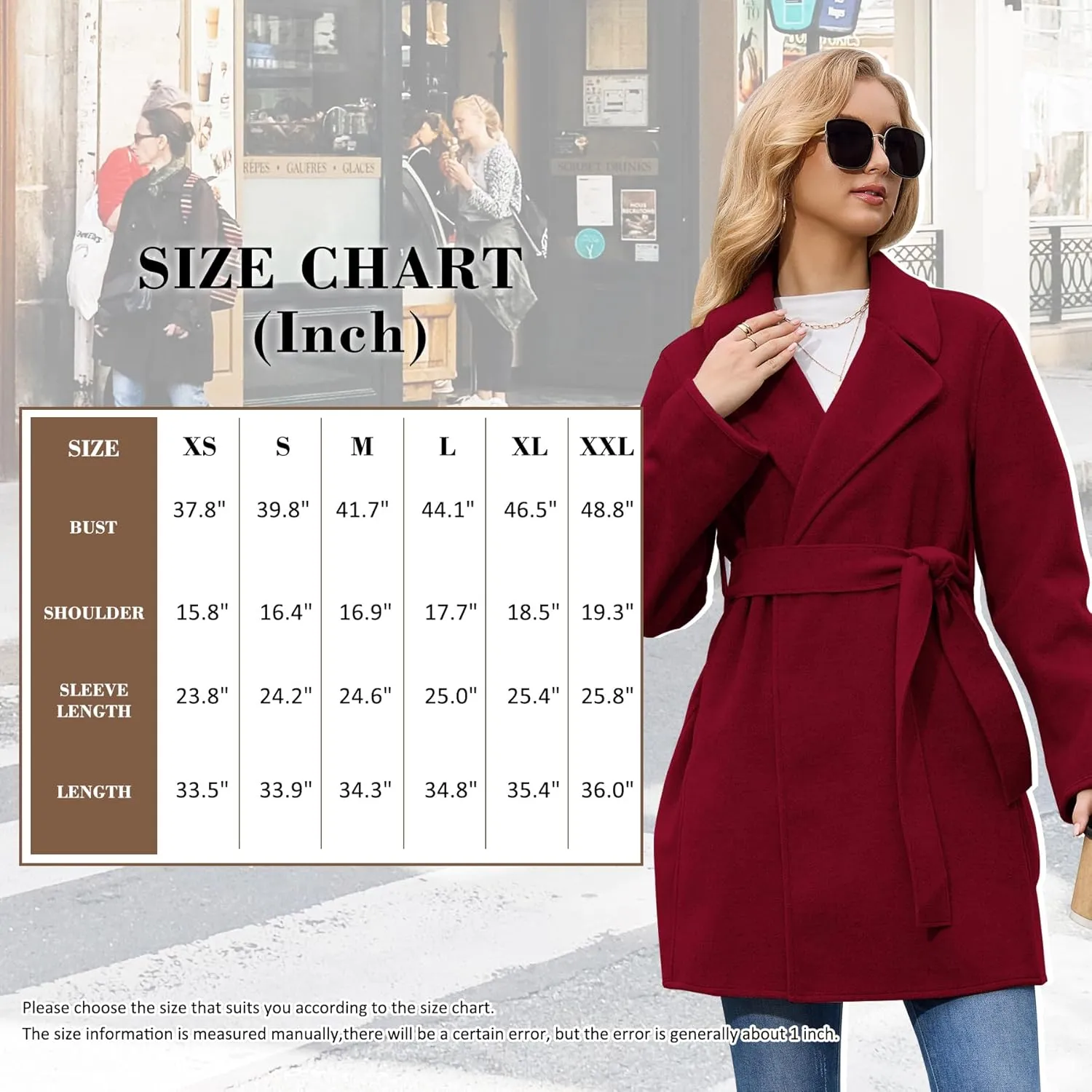 Women's Wool Blend Coat with Pockets Mid-Long Winter Overcoat, Thick Wool & Pea Coats jacket with Belt