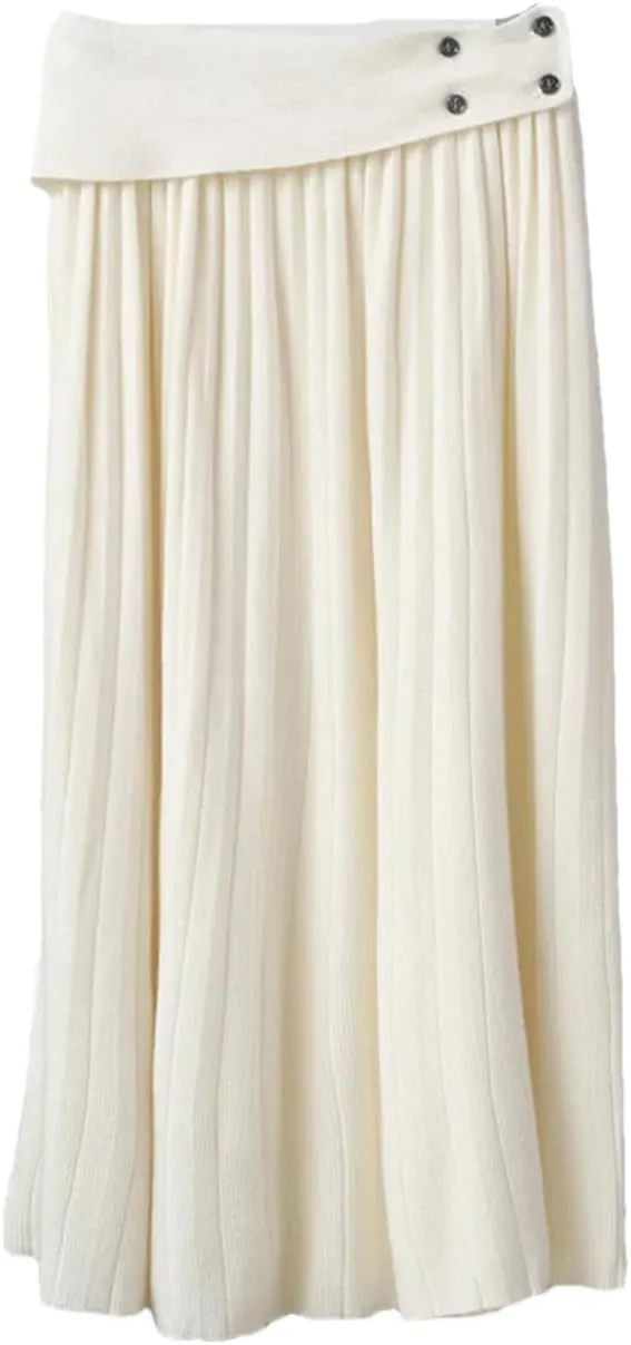 Women's Wool Knitted Skirt Office Pleated Stretch High Waist Solid Color Casual Midi Skirts
