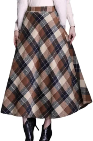 Women's Wool Maxi Skirt A-Line Thick Vintage Plaid Pleated Skirt Autumn Winter Warm Elastic Waist Long Skirts