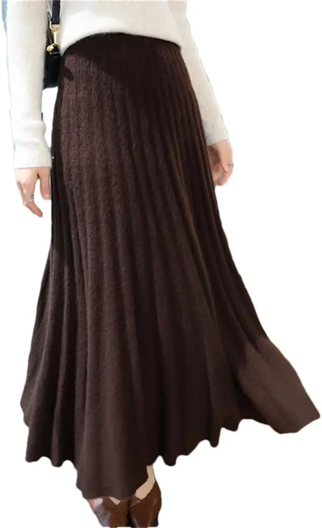 Women's Wool Pleated Skirt Office Stretch High Waist Solid Color Casual A Line Midi Skirts