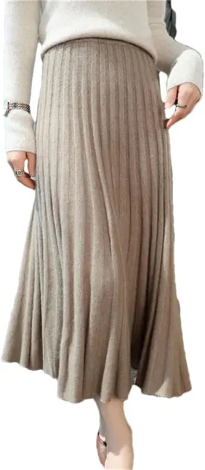 Women's Wool Pleated Skirt Office Stretch High Waist Solid Color Casual A Line Midi Skirts