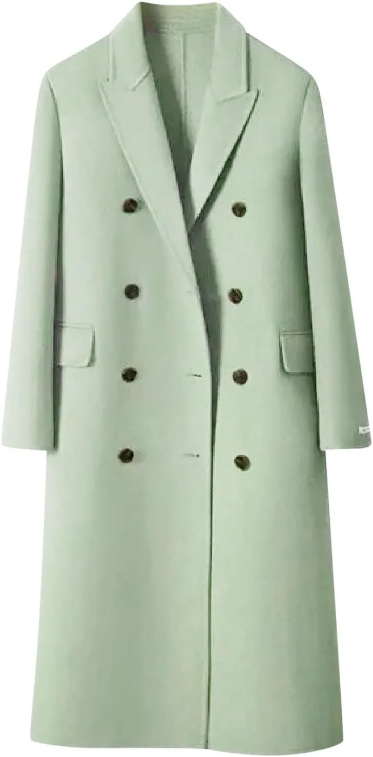 Wool Leather Coat Mid Length Coat Notched Lapel Buttoned Trench Coat Womens Wool Coat Long