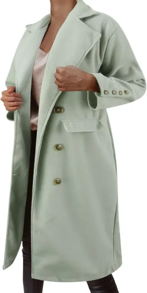 Wool Leather Coat Mid Length Coat Notched Lapel Buttoned Trench Coat Womens Wool Coat Long