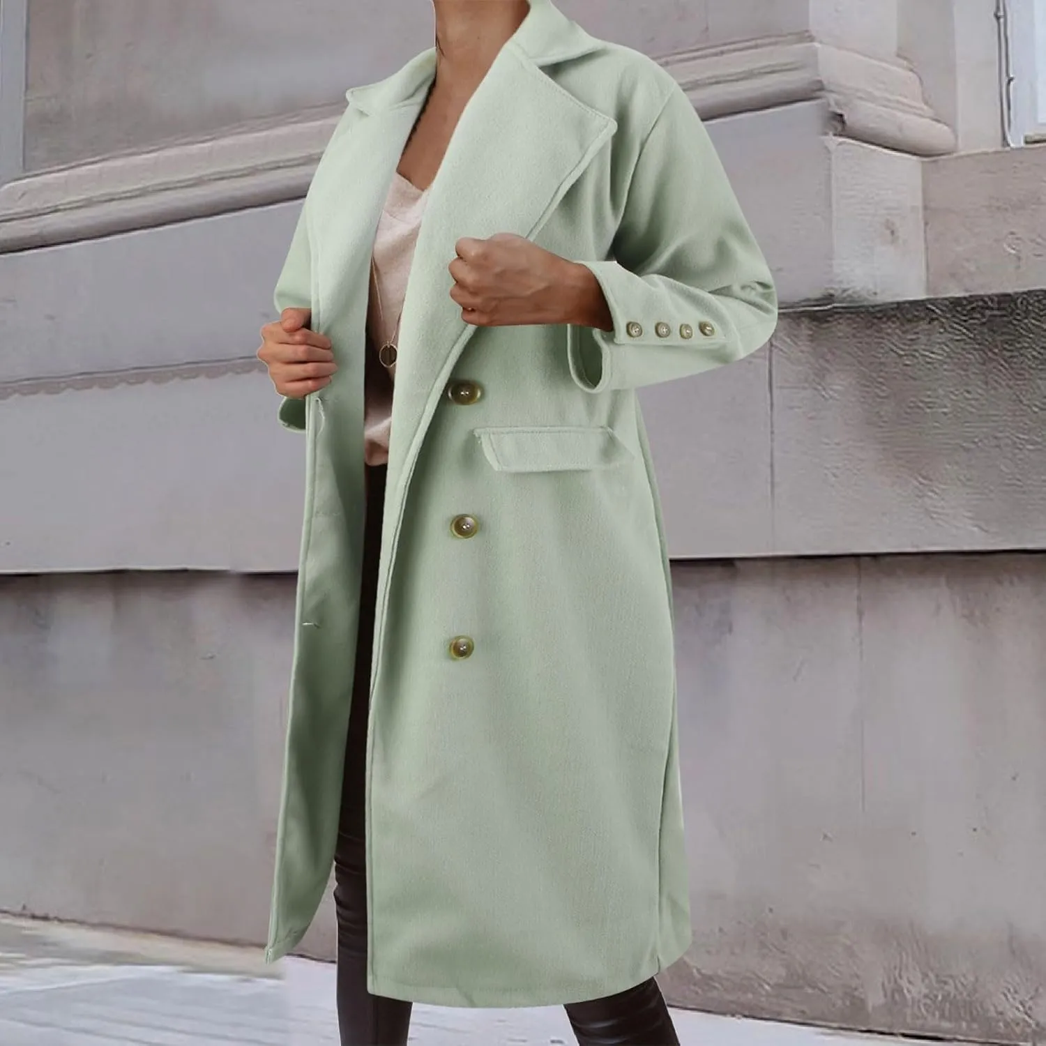 Wool Leather Coat Mid Length Coat Notched Lapel Buttoned Trench Coat Womens Wool Coat Long