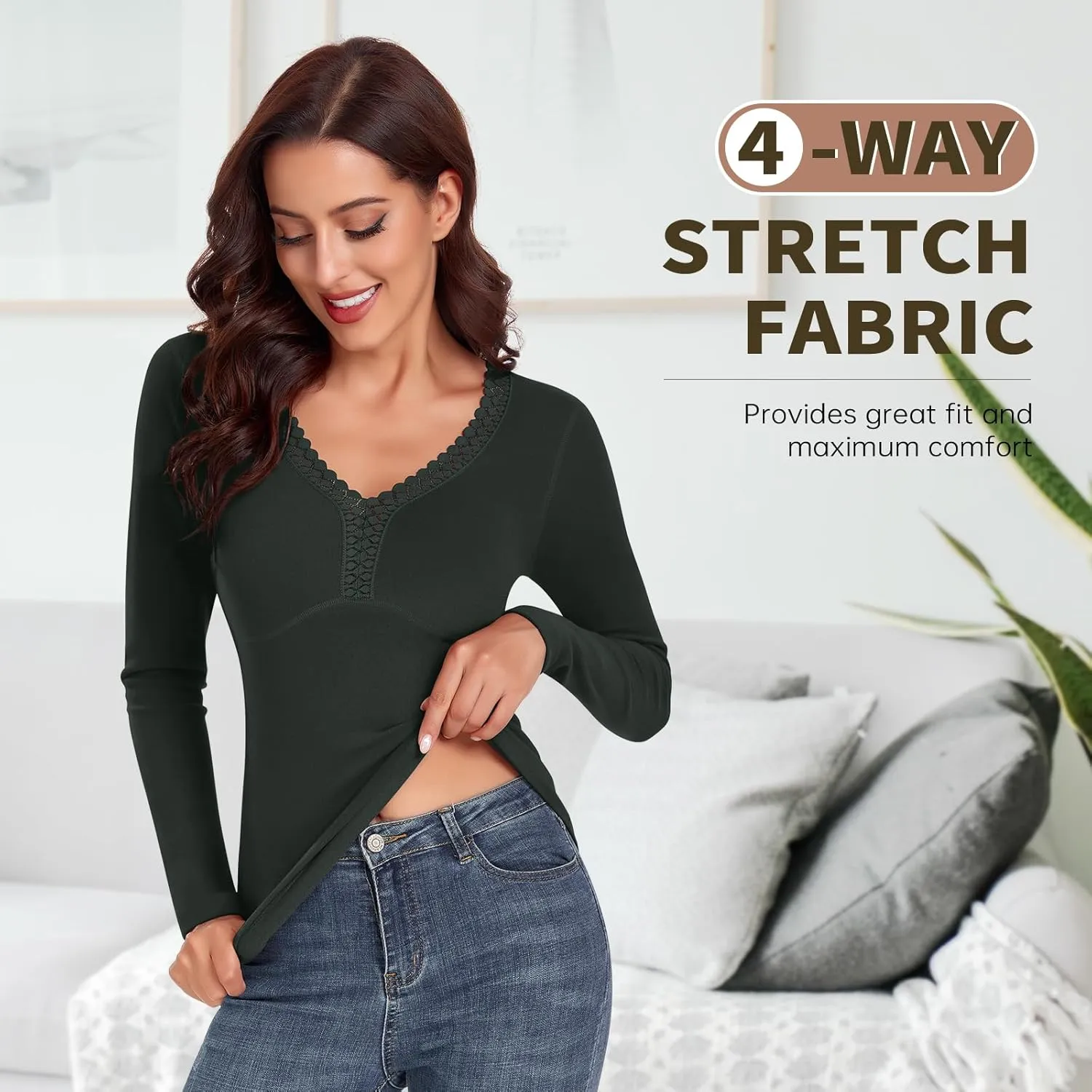 WOWENY Sleeveless Thermal Fleece Tank Top for Women V Neck Lace Camisole Warm Base Layer Cami Vest Underwear Tops