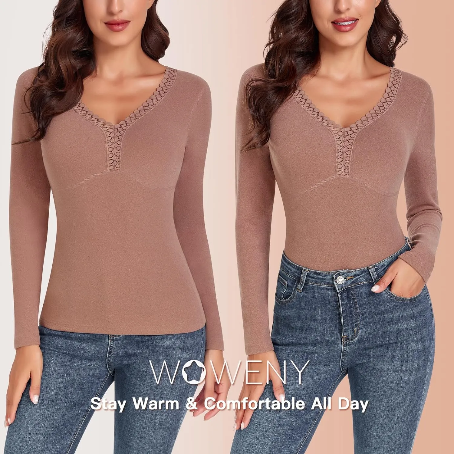 WOWENY Sleeveless Thermal Fleece Tank Top for Women V Neck Lace Camisole Warm Base Layer Cami Vest Underwear Tops