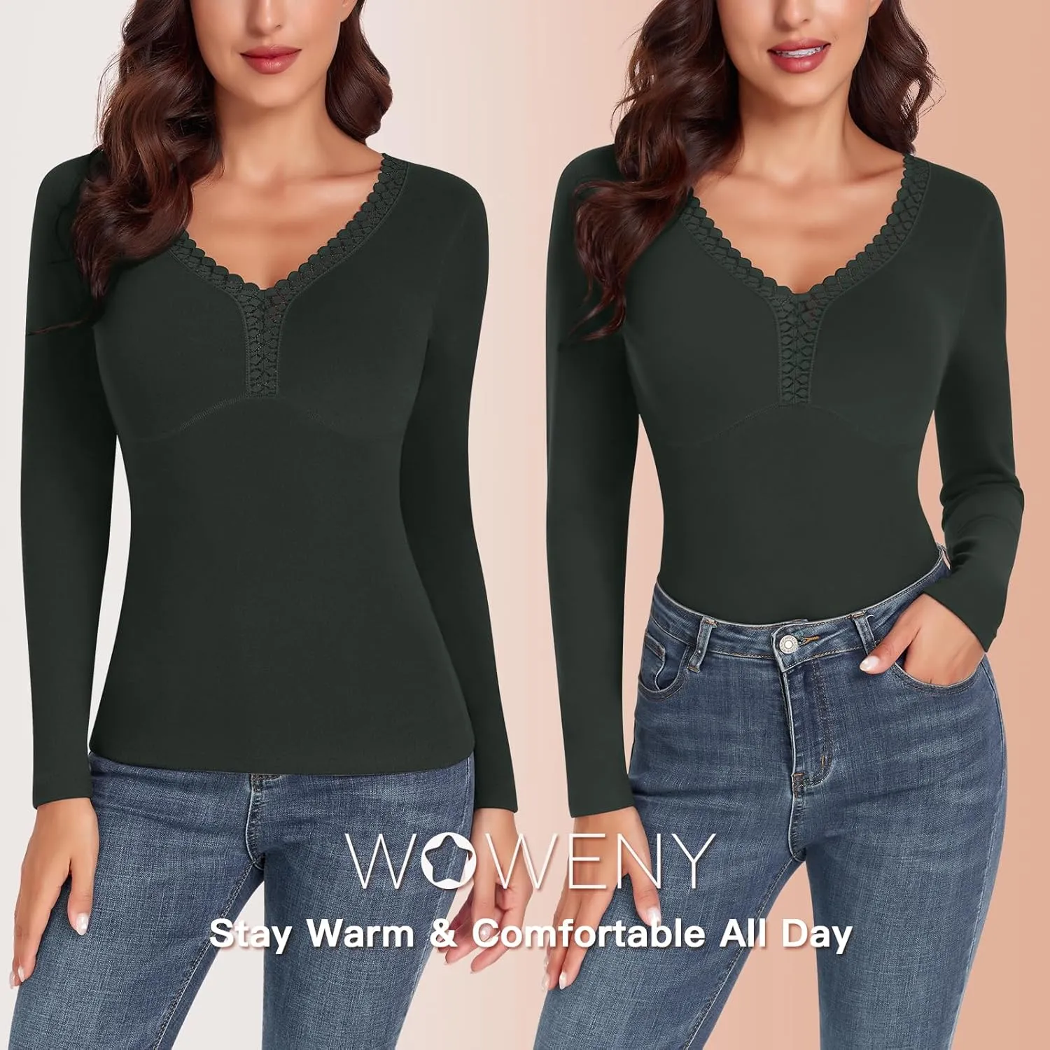 WOWENY Sleeveless Thermal Fleece Tank Top for Women V Neck Lace Camisole Warm Base Layer Cami Vest Underwear Tops