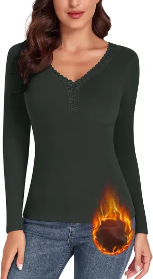 WOWENY Sleeveless Thermal Fleece Tank Top for Women V Neck Lace Camisole Warm Base Layer Cami Vest Underwear Tops