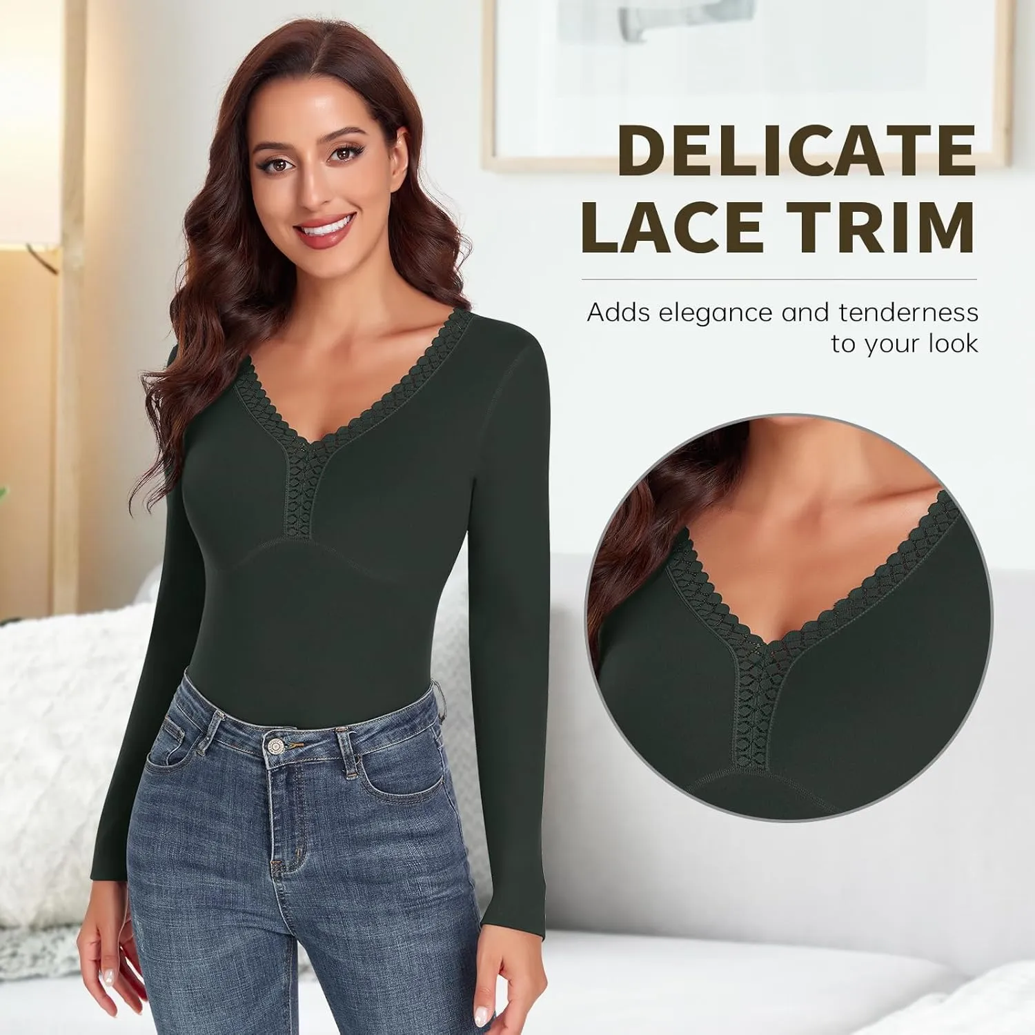 WOWENY Sleeveless Thermal Fleece Tank Top for Women V Neck Lace Camisole Warm Base Layer Cami Vest Underwear Tops