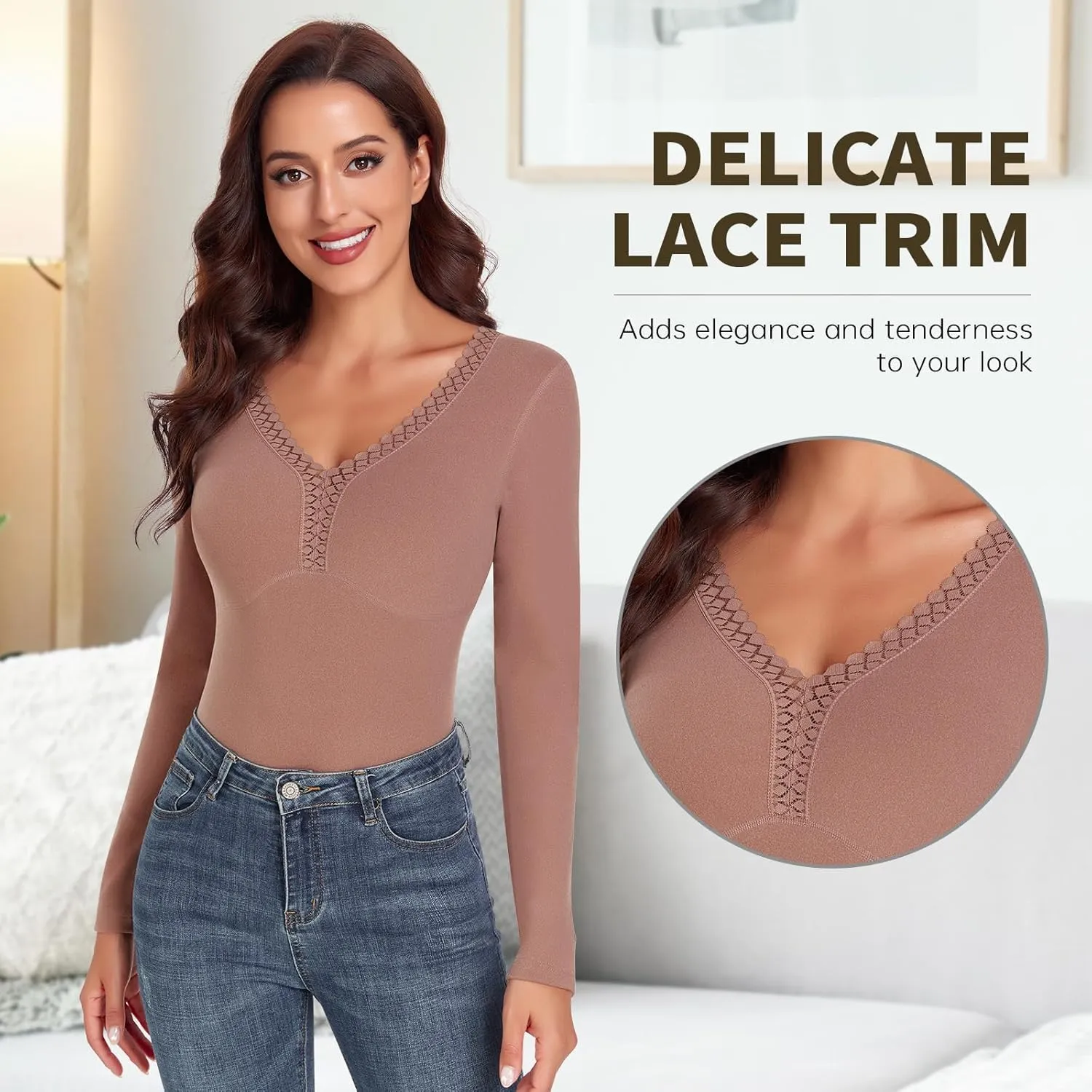 WOWENY Sleeveless Thermal Fleece Tank Top for Women V Neck Lace Camisole Warm Base Layer Cami Vest Underwear Tops