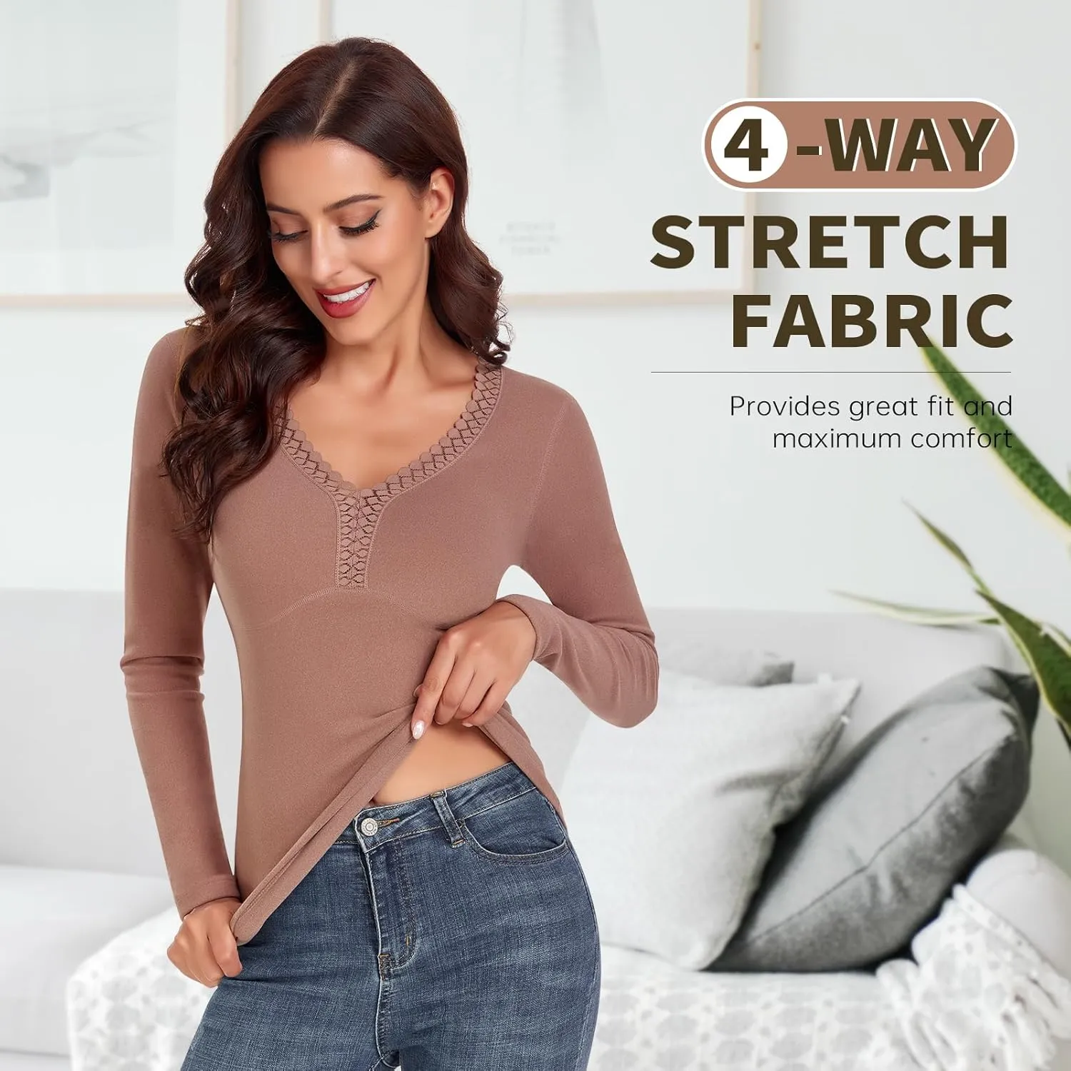 WOWENY Sleeveless Thermal Fleece Tank Top for Women V Neck Lace Camisole Warm Base Layer Cami Vest Underwear Tops