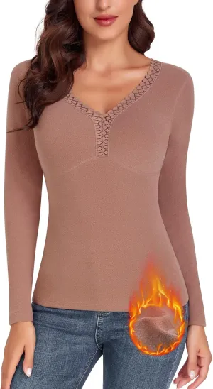 WOWENY Sleeveless Thermal Fleece Tank Top for Women V Neck Lace Camisole Warm Base Layer Cami Vest Underwear Tops
