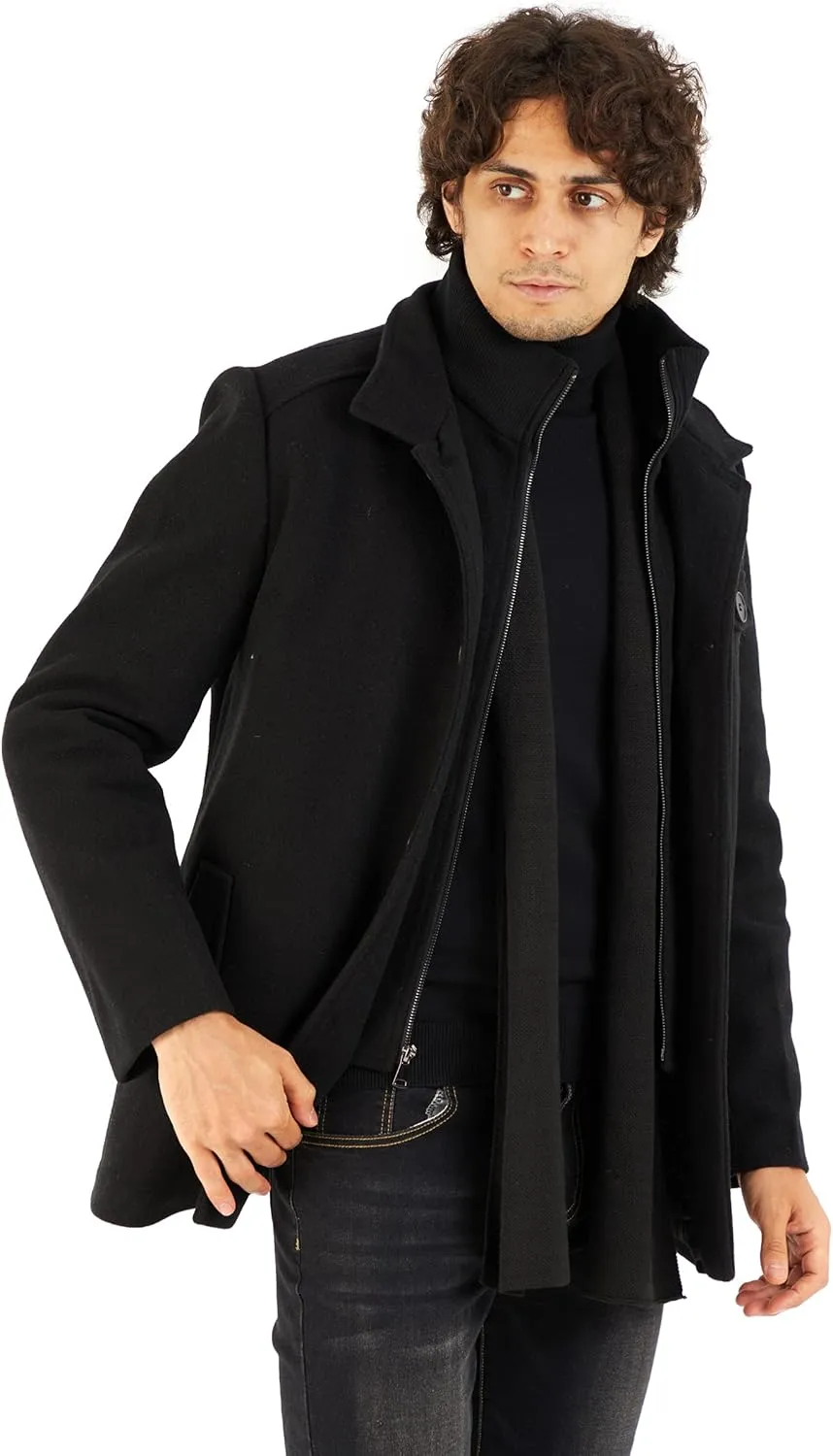 WULFUL Mens Wool Blend Winter Coat Slim Fit Short Trenchcoat Warm Business Jacket with Detachable Soft Wool Scarf