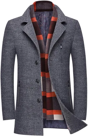 WULFUL Mens Wool Blend Winter Coat Slim Fit Short Trenchcoat Warm Business Jacket with Detachable Soft Wool Scarf