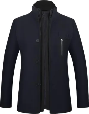 WULFUL Mens Wool Blend Winter Coat Slim Fit Short Trenchcoat Warm Business Jacket with Detachable Soft Wool Scarf