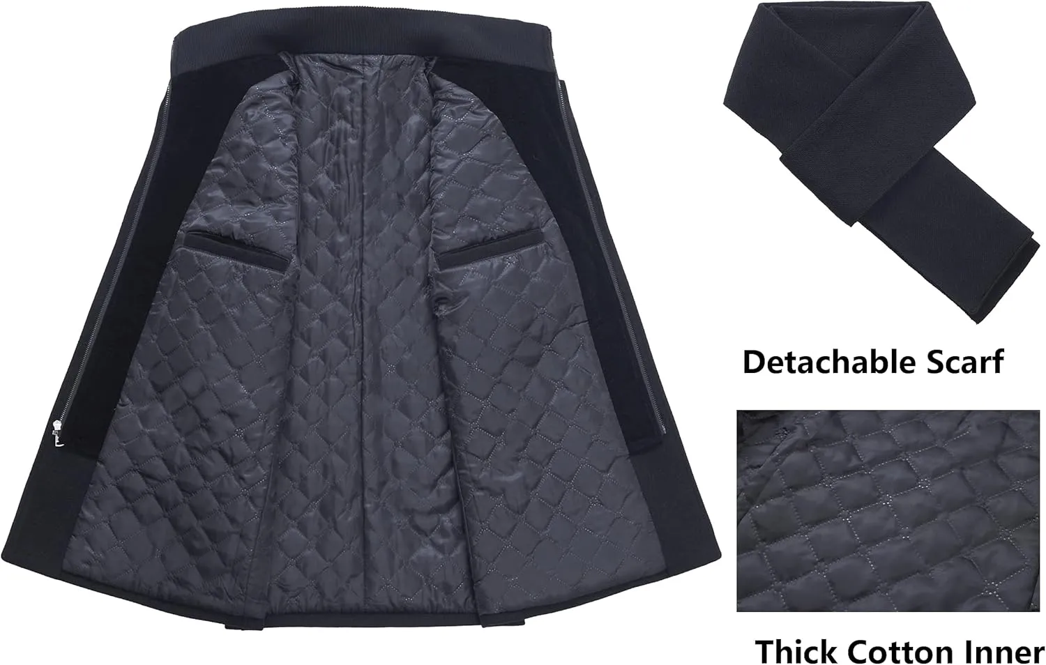WULFUL Mens Wool Blend Winter Coat Slim Fit Short Trenchcoat Warm Business Jacket with Detachable Soft Wool Scarf