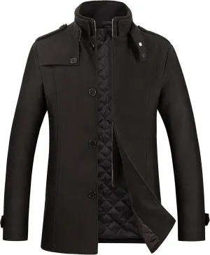 WULFUL Mens Wool Blend Winter Coat Slim Fit Short Trenchcoat Warm Business Jacket with Detachable Soft Wool Scarf