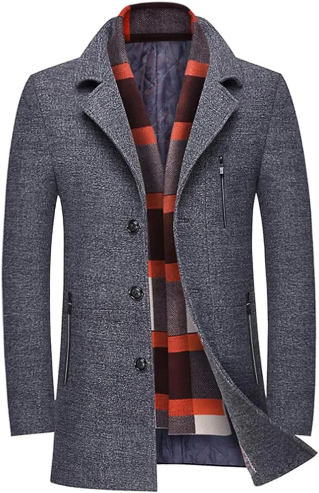 WULFUL Mens Wool Blend Winter Coat Slim Fit Short Trenchcoat Warm Business Jacket with Detachable Soft Wool Scarf