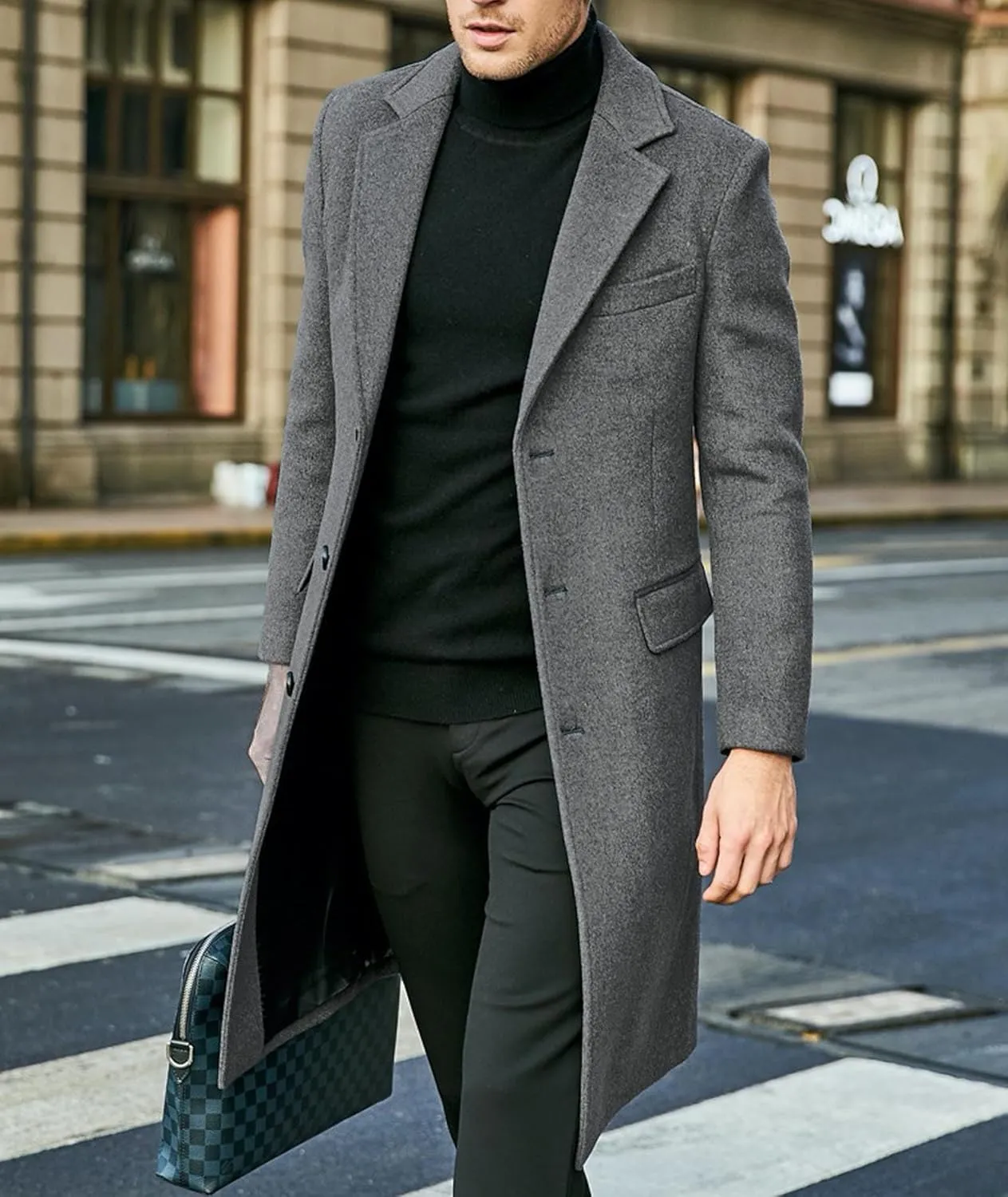 xxxiticat Men's Winter Trench Coat Long Sleeve Notch Lapel Single Breasted Quilted Cotton Long Overcoat Jacket Wool Pea Coat