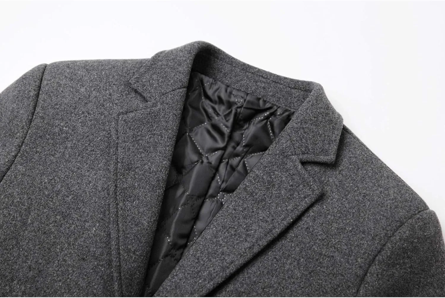 xxxiticat Men's Winter Trench Coat Long Sleeve Notch Lapel Single Breasted Quilted Cotton Long Overcoat Jacket Wool Pea Coat