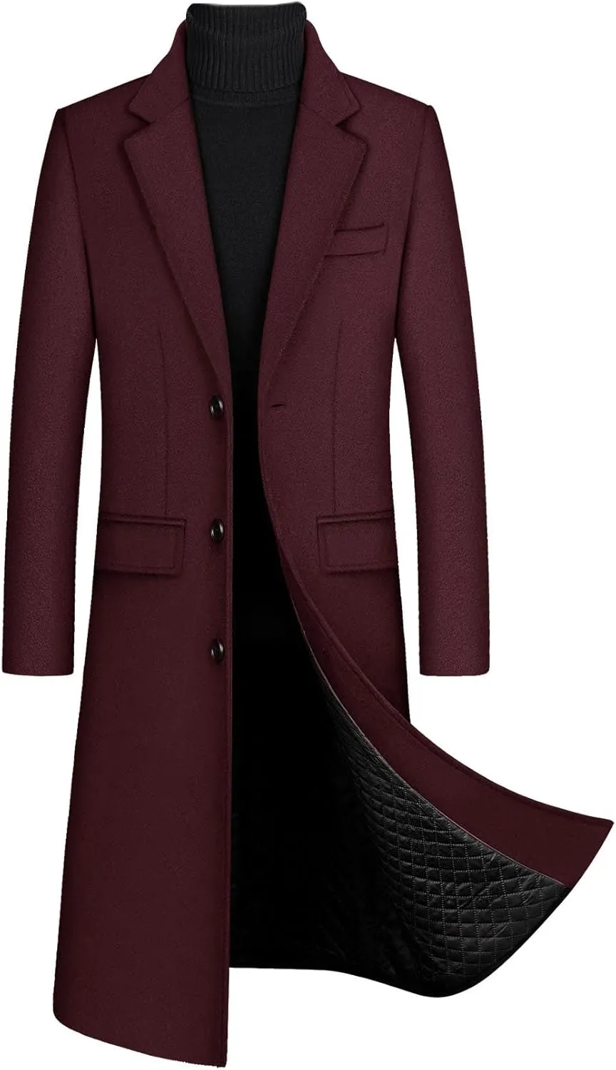 xxxiticat Men's Winter Trench Coat Long Sleeve Notch Lapel Single Breasted Quilted Cotton Long Overcoat Jacket Wool Pea Coat